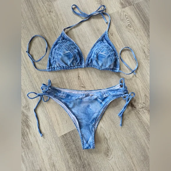 Denim Jean Look Triangle String, Lace up sides Bikini Large - Picture 4 of 10